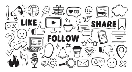 Doodle social media. Hand drawn content creator elements. Sketch pencil blog, worldwide web, internet, networks, phone notification icons. Friendly communication symbols. Vector set