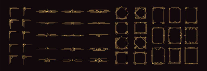 Art Deco frame. Geometric ornament border. Vintage 1920s luxury golden style dividers, corners, frames, headers. Retro elegance element for invitation, card, poster. Vector set