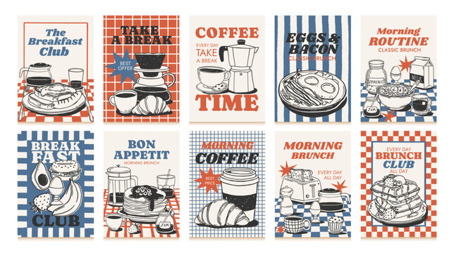 Hand drawn breakfast poster. Chalk food banner. Sketch crayon drink, coffee, croissant, egg, bread, avocado, waffles. Doodle brunch elements with quotes. Vector set