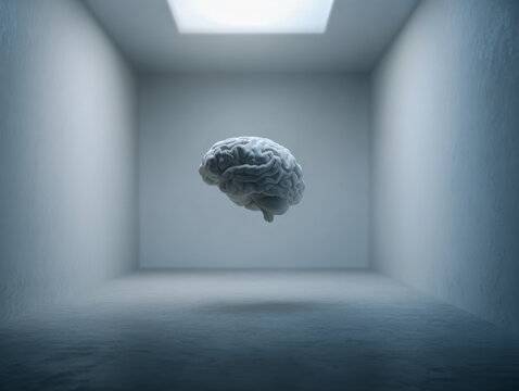 Conceptual image of a human brain floating in an illuminated, empty minimalistic room symbolizing thought, creativity, and mental space exploration