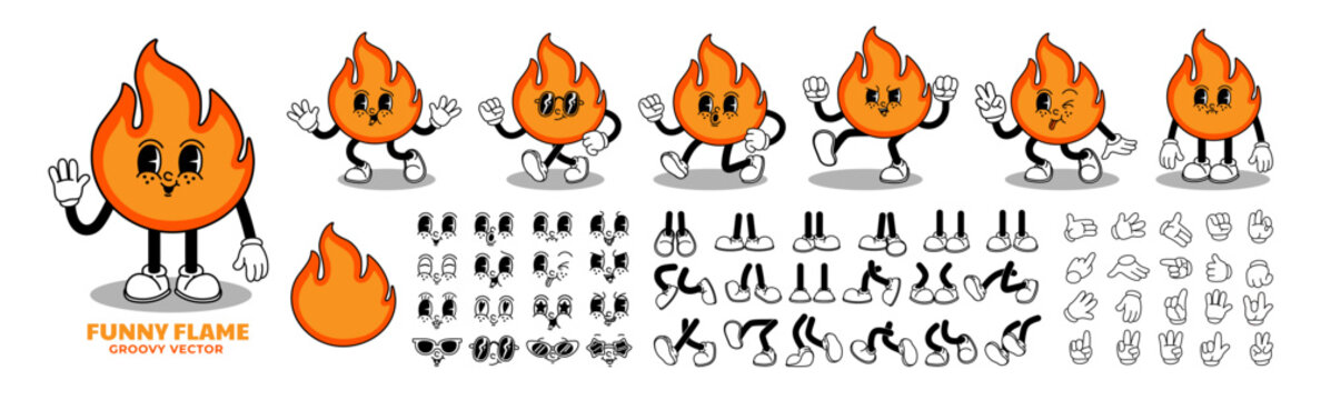 Fire characters. Groovy funny flames. Comic retro fires, vintage flames mascot running, walking in various poses with faces, emotions, legs, hands. Vector set