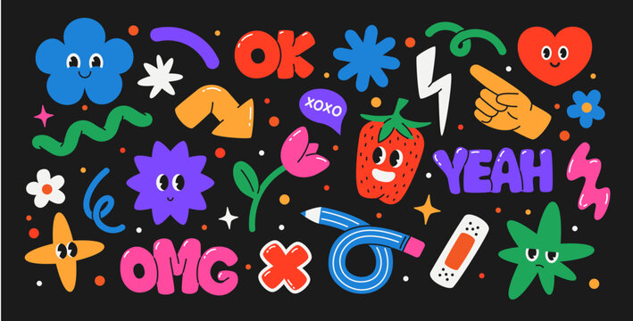 Funky stickers. Abstract groovy elements. Cartoon funny characters, cute shapes, comic flowers, doodle hipster cloud, happy pencil. Patches, trendy labels, decorative tags. Vector set