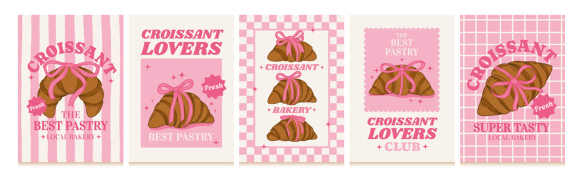 Hand drawn croissant poster. Bakery with bows. Banner with sweet pastry, ribbon, bow, text for cafe menu, stickers, prints. Coquette elegance croissants. Vector background