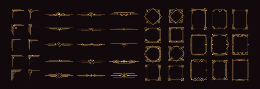 Art Deco frame. Geometric ornament border. Vintage 1920s luxury golden style dividers, corners, frames, headers. Retro elegance element for invitation, card, poster. Vector set