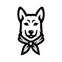 Logotipo tienda de mascotas. Dibujo sencillo con líneas de la cabeza de un perro simpático visto de frente con pañuelo en el cuello  © teracreonte