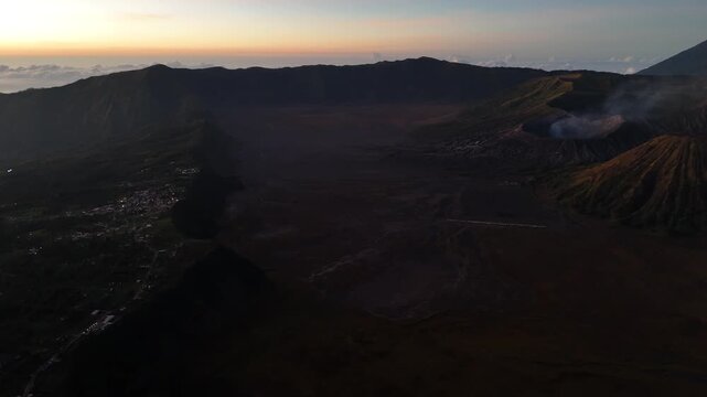 Aerial Drone View of Mount Bromo Volcano at Sunrise, East Java, Indonesia