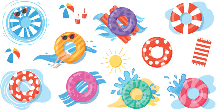 Colorful inflatable swim rings collection with water splashes, summer beach pool accessories, vibrant float toys vector illustration set for vacation design