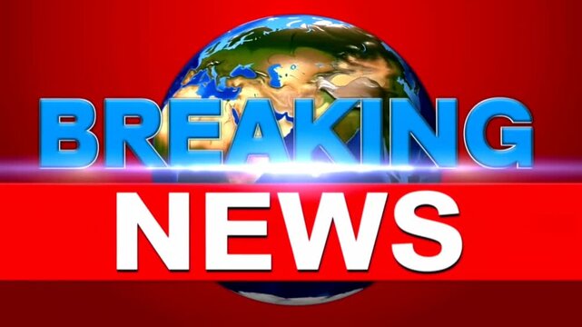 Static shot with slight zoom of breaking news globe logo and bold news banner with animated lens flare over red broadcast studio background on television screen