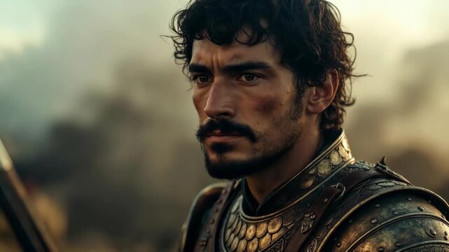 A focused armored warrior close-up in realistic style on a muted battlefield background, concept of courage and determination
