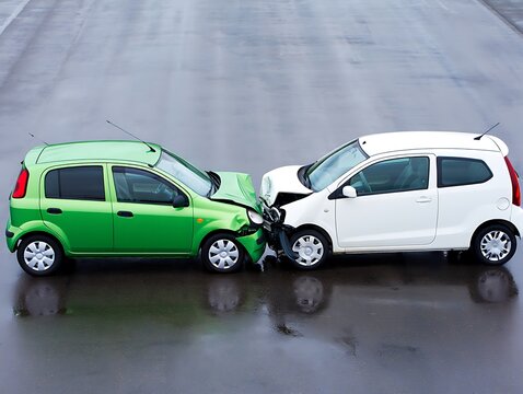 Green and white cars crashed into each other on wet road