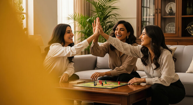 Three friends enjoying a board game together at home, celebrating fun, laughter, and the joy of friendship and shared moments.