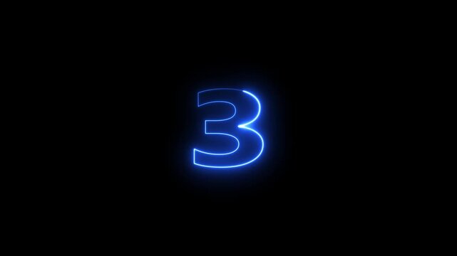 Neon blue light number three glowing animation.