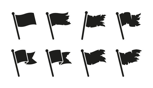 Set of black tattered flag icons. Collection of waving, ripped, and ragged banners from whole to damaged. For concepts like battle, surrender, war, pirate, or defeat. Vector.