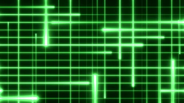 Panning shot of glowing green grid lines sliding across dark digital interface background with horizontal and vertical light pulses and scan movement