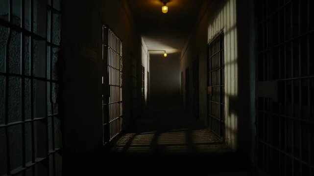 Tracking dolly forward shot of prison corridor with empty cells and hanging lights in dim interior cellblock hallway