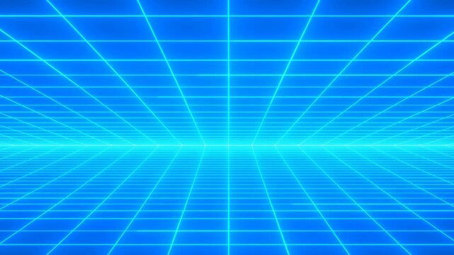 Tracking shot of neon grid floor receding toward glowing horizon in virtual retro digital space with forward glide movement