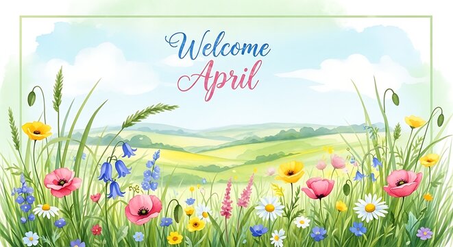 Welcome April floral spring greeting card with wildflowers and blue sky background