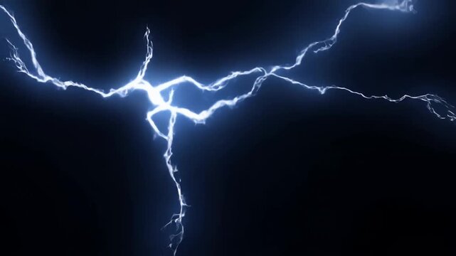 Slow motion static shot of electric lightning arcs streaking across dark night sky with branching plasma bolts and glowing energy