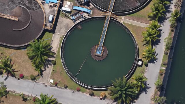 Wastewater treatment plant clarifier tank aerial view