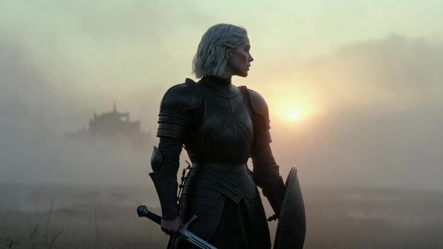 A female knight in dark armor holding sword and shield, realistic style, on foggy sunrise field, concept of courage