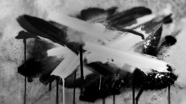 Tracking shot close up of abstract paint strokes sprayed and dripping down concrete wall in urban studio workshop interior