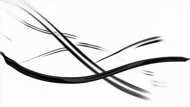 Slow motion tracking shot of black fluid ribbons flowing and intertwining across white background in minimal studio setting
