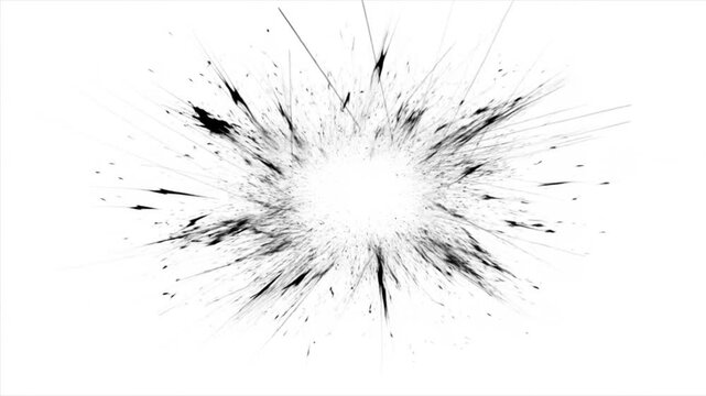 Slow motion static shot of black ink splatter expanding outward from center on white studio surface high contrast abstract pattern