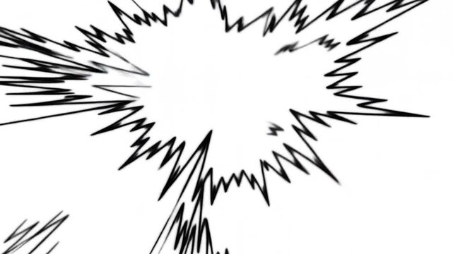 Zoom out closeup of comic ink bursts expanding and contracting with radial impact lines on white minimal background