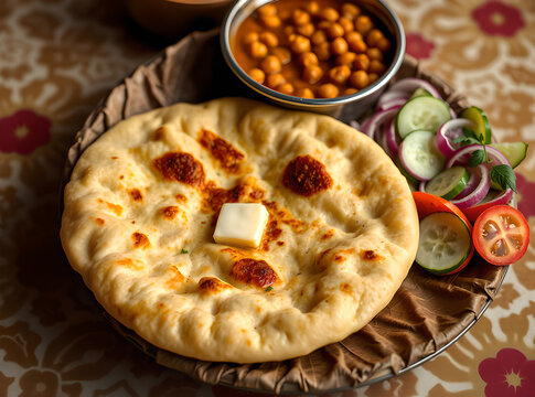 Traditional Indian meal featuring a round, flaky Amritsari Kulcha, a crisp-yet-soft leavened bread, generously stuffed and baked in a tandoor.