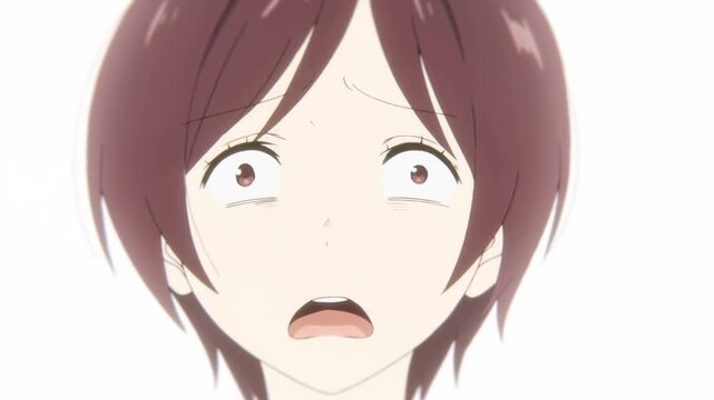 Slow motion close up of young anime female gasping with shocked expression on bright white background interior minimal portrait