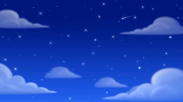 Panning slow motion shot of night sky with clouds twinkling stars and shooting star over cartoon blue background
