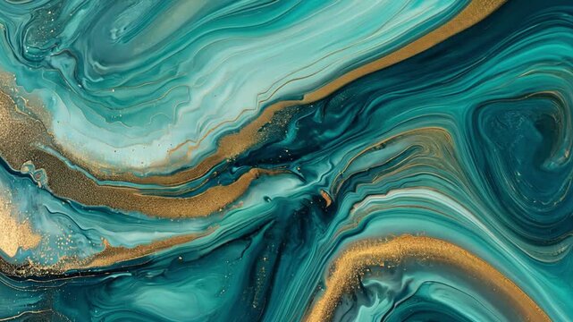 Abstract fluid art design with teal, gold, and white swirling patterns