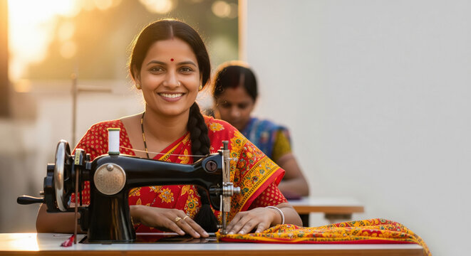 A skilled woman tailor is sewing colorful traditional fabric on a sewing machine
