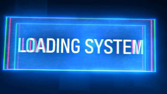 Tracking shot of holographic loading system panel sliding and zooming toward viewer in dark digital interface studio with neon blue glowing frame