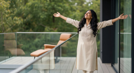 Fototapeta premium Young beautiful indian woman raised hand and breathing morning time at balcony