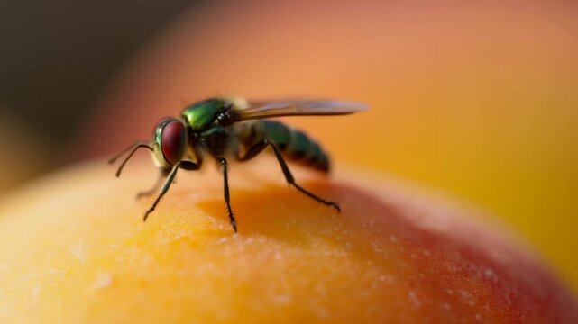 Tracking shot macro of metallic green hoverfly walking and probing peach fruit surface in close up with shallow depth of field