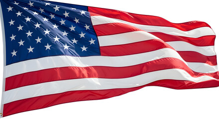 Fototapeta premium A waving American flag with vibrant colors, showcasing the iconic stars and stripes. The flag is billowing gracefully in the wind, symbolizing freedom and national pride