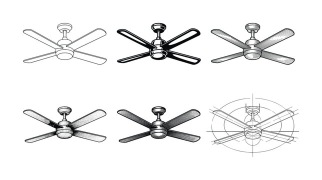 Set of six ceiling fan vector illustrations. Includes outline, silhouette, engraving, stipple, and blueprint styles. Perfect for icons, technical drawings, and home appliance catalogs.