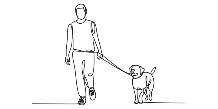 man walking dog on leash in simple line art