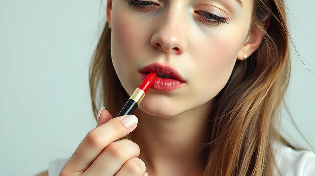 video young girl sloppily applying bright red lipstick in a pencil to her lips doing makeup learning makeup courses freckles