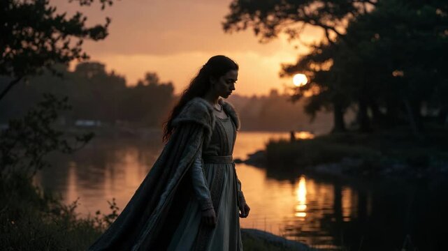 A medieval‑clad woman by a calm river at sunset, in cinematic style, against a warm glowing sky, evoking solitude and timeless reflection