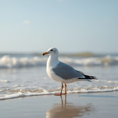 Fototapeta premium Lone Seagull Standing on a Sunlit Shoreline with Gentle Ocean Waves