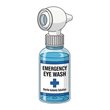 Emergency eye wash bottle with sterile isotonic solution for first aid.