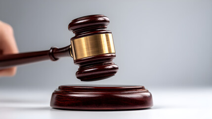 Obraz premium Wooden gavel striking sound block, symbolizing justice and legal authority in courtroom setting