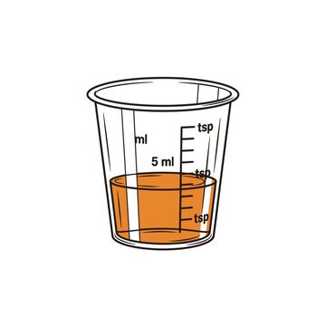 Orange liquid medicine in a clear plastic measuring cup for dosage.