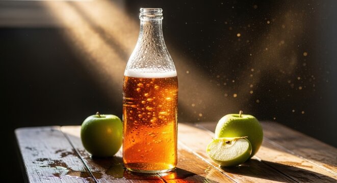 Fresh apple cider bottle with condensation under sunlight on rustic wooden table with green apples and bubbles