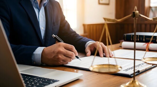 Legal professional meticulously drafting official documents at an office desk, symbolizing justice and professional consultation