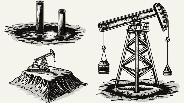 Vintage-style illustration showcasing oil extraction equipment including derricks and wellheads, black and white