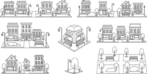 Small town street landscape vector collection featuring minimalist line art storefronts houses park benches and trees for urban design © NURUL