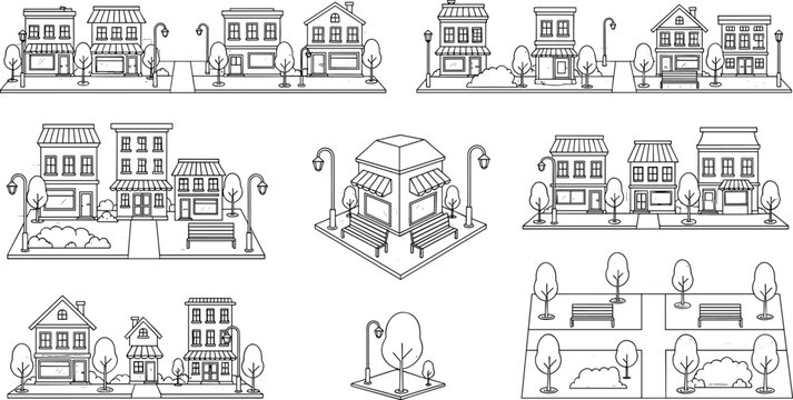 Small town street landscape vector collection featuring minimalist line art storefronts houses park benches and trees for urban design